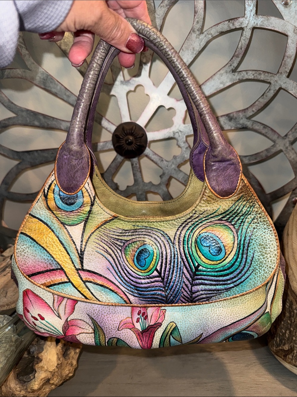 Multicolor Peacock Feather Leather Hobo Bag